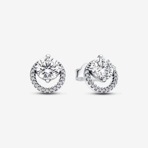 Pandora Sparkling Round Halo Stud Earrings Argento | 43ZLKSERM