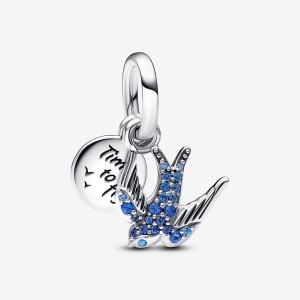 Pandora Sparkling Swallow & Quote Double Dangle Charm Argento | 57VDIEALK