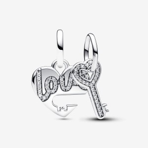 Pandora Splittable Heart & Key Dangle Charm Argento | 03ELXQCWY