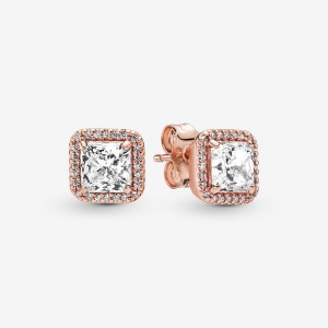 Pandora Square Sparkle Halo Stud Earrings Rosa Oro | 45IFXTAEP