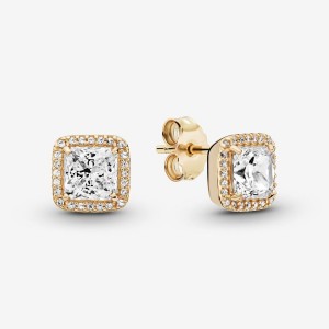 Pandora Square Sparkle Halo Stud Earrings Oro | 96KCTAVOJ