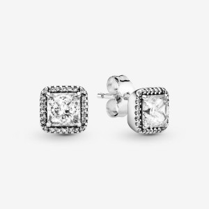 Pandora Square Sparkle Halo Stud Earrings Argento | 01JXSHYZV