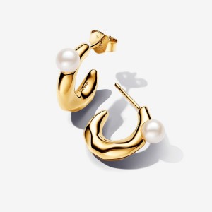 Pandora Treated Freshwater Cultured Pearl & Organically Shaped Hoop Earrings Oro | 25LRVCXJQ