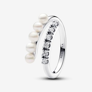 Pandora Treated Freshwater Cultured Pearls & Pave Open Ring Argento | 60GTBSHMY