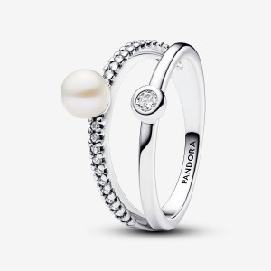 Pandora Treated Freshwater Cultured Pearl & Pave Double Band Ring Argento | 74YZUAJPK