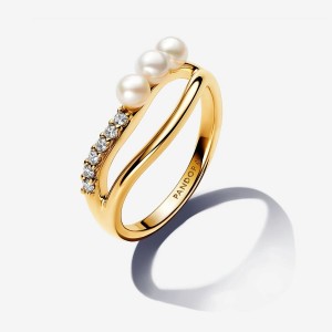 Pandora Treated Freshwater Cultured Pearl & Organically Shaped Double Band Ring Oro | 73AEKGRCS