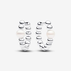Pandora Treated Freshwater Cultured Pearl & Beads Hoop Earrings Argento | 79LMUFYVS