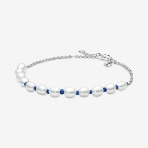 Pandora Treated Freshwater Cultured Pearl Blue Cord Chain Bracelet Argento | 39PXNLMFT