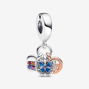 Pandora Two-Tone Rainbow Heart, Butterfly & Peace Triple Dangle Charm Colorate | 19SUBAFOL