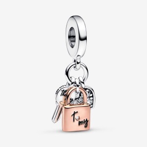 Pandora Two-tone Key, Padlock & Heart Triple Dangle Charm Colorate | 59OIMPVKH