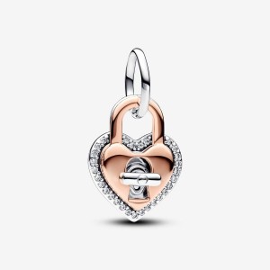 Pandora Two-tone Twistable Heart Padlock Double Dangle Charm Colorate | 02ALXSYWP